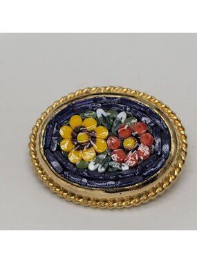 Vtg Micromosaic Brooch Floral Oval Safety Pin Back Blue Orange Yellow Gold Tone